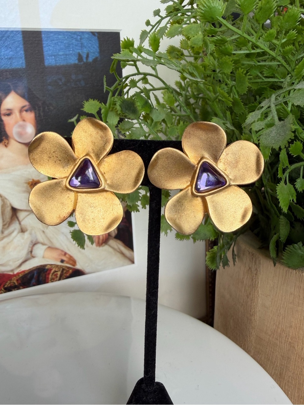 Carolina Herrera Vintage Floral Earrings - purple stone